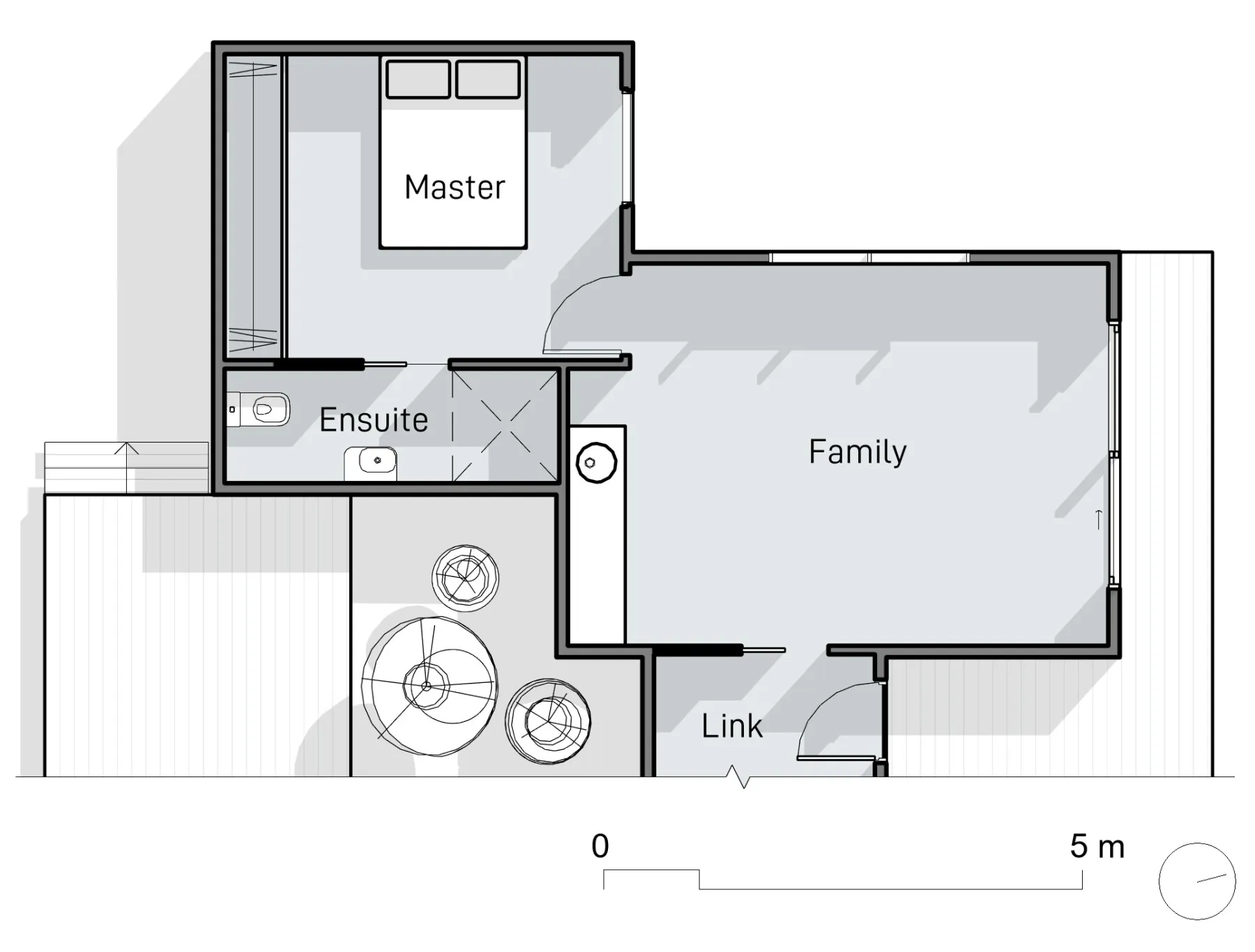 Drawing showing a floor plan with a master, ensuite and family rooms