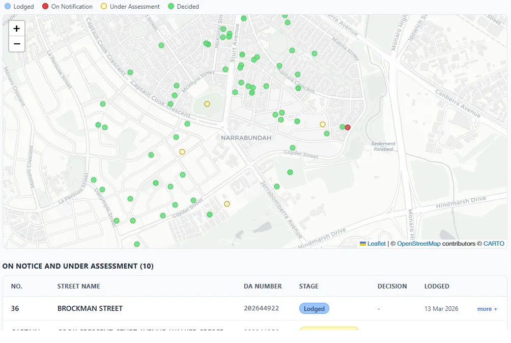 Screen grab showing a map view from the ACT DAs by Suburb too'