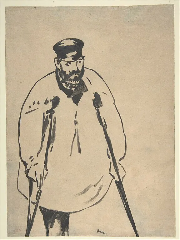 A ink drawing showing a bearded man with one leg on crutches
