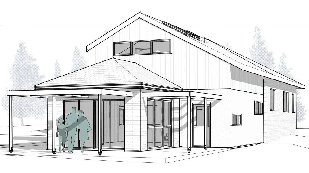 Sketch of the house at Atkinson Street with the new living extension, attic windows and covered deck