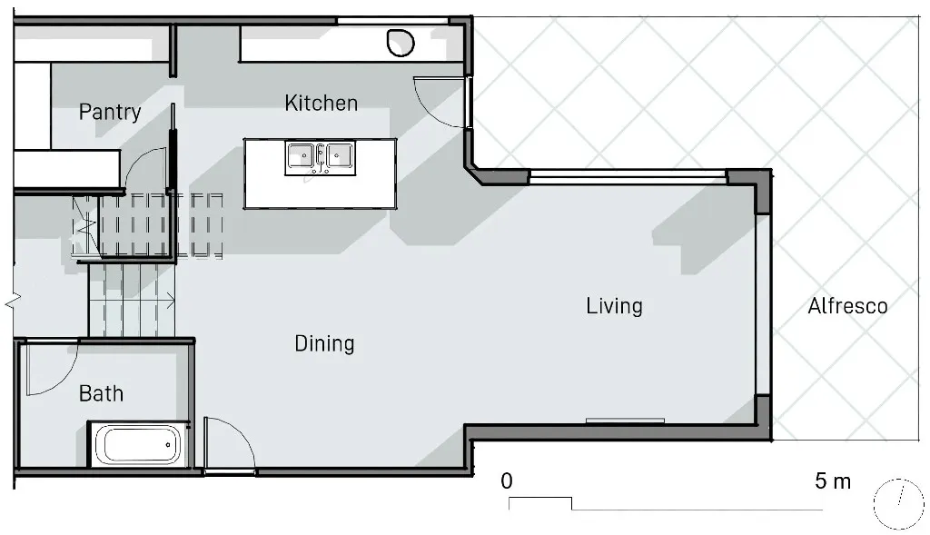 Ground floor plan of the extension showing kitchen, pantry, dining, living and alfresco