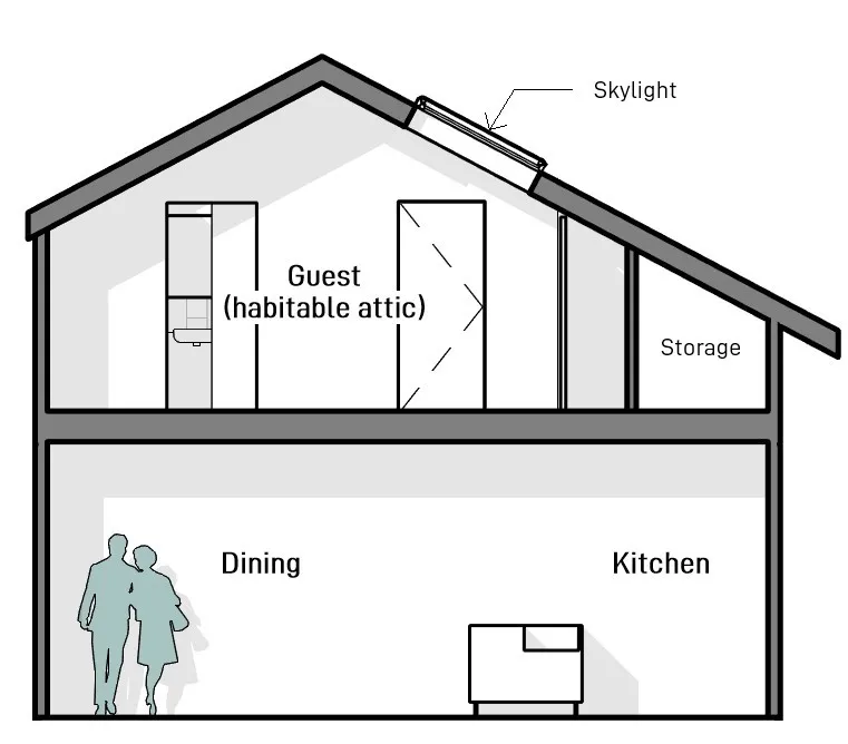 Building section showing a house with a habitable over a dining and kitchen