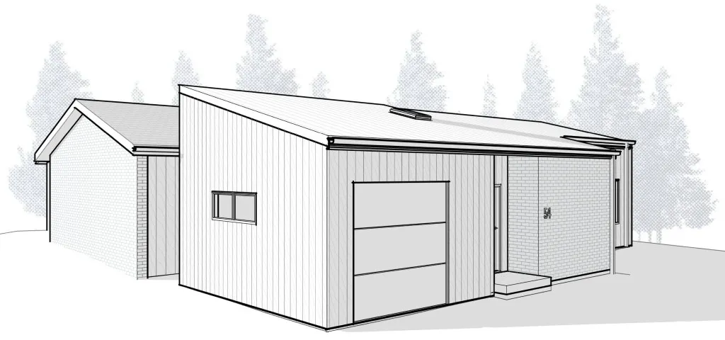 Concept sketch showing front of extension and existing house in the background