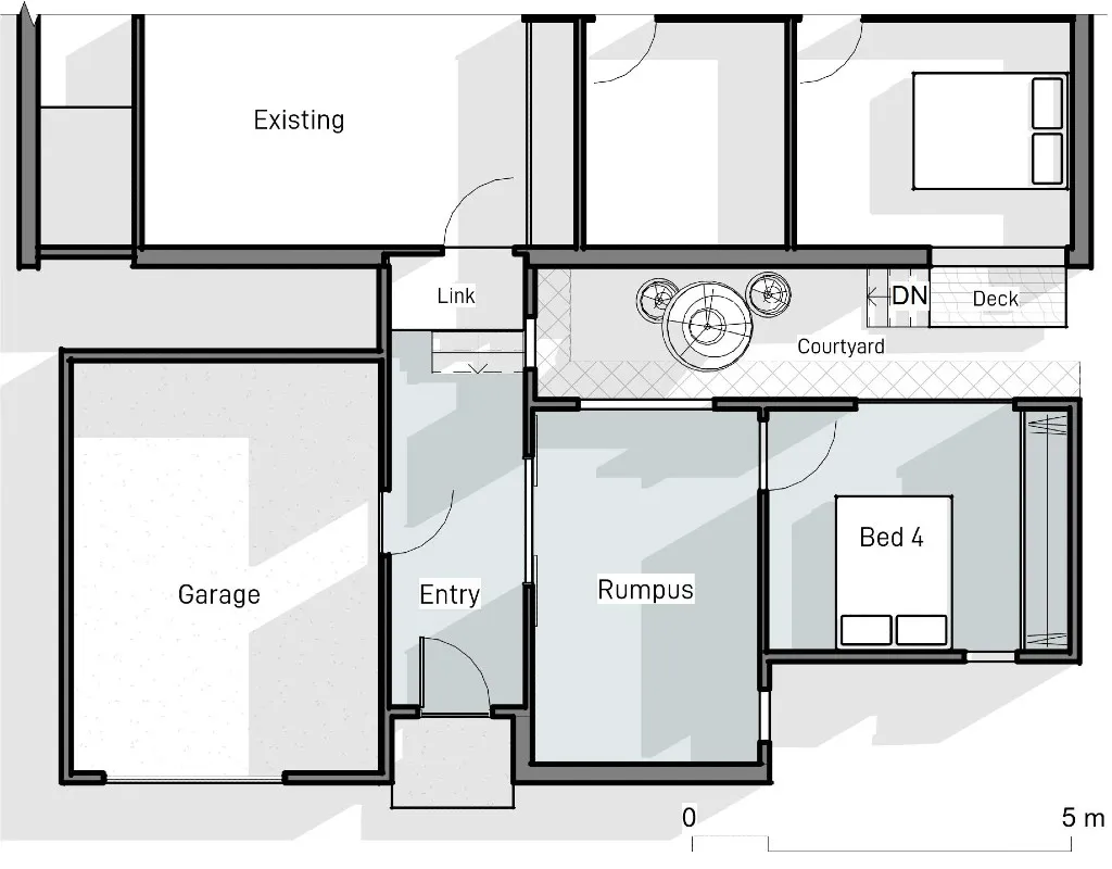 Floor plan showing existing house along with new garage, entry, rumpus and forth bedroom