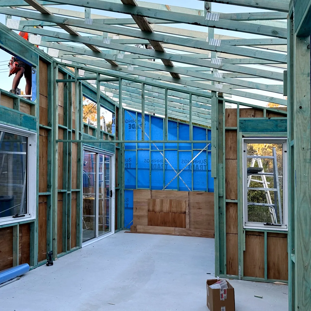 Timber wall and roof framing for the rumpus room extension on a new concrete slab