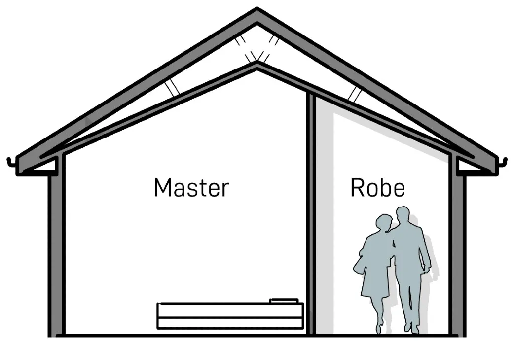 Building section showing rake ceiling over master and robe