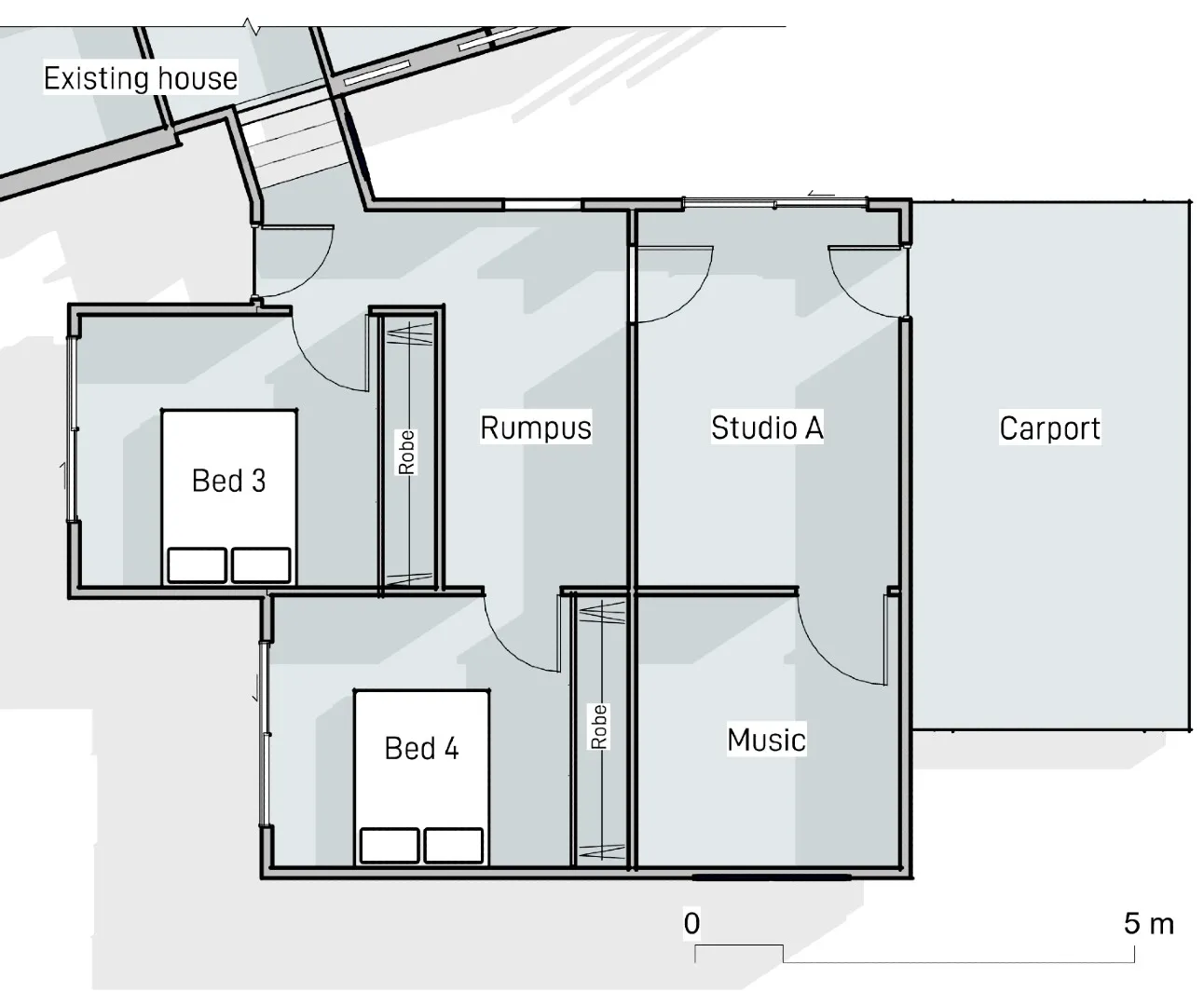 Sketchy style floor plan showing 2 bedrooms, a rumpus, a studio and music room