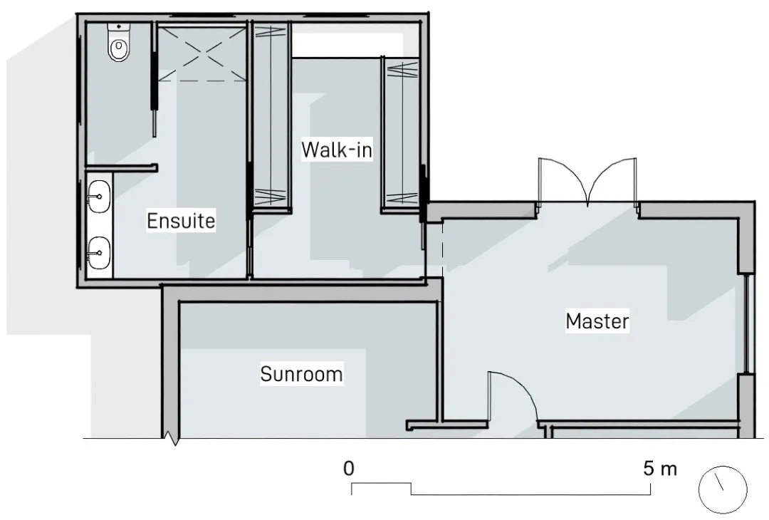 Sketch style floor plan showing ensuite, walk-in robe, master and sun room