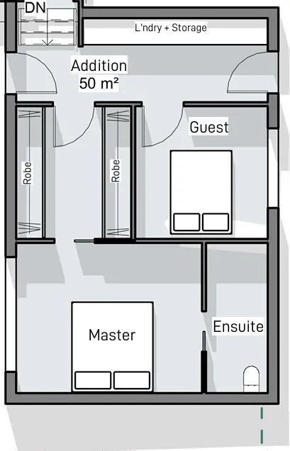 A floor plan showing an master, walk-in rob, ensuite, extra bedroom and laundry