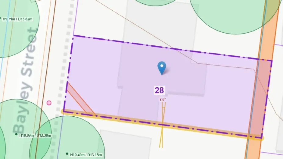 Site plan from an ACT block report showing the block boundary, trees and spot levels on Bayley Street