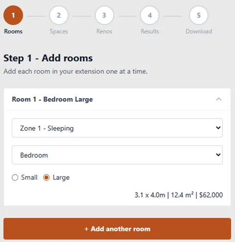 Canberra Extension Calculator screen showing step 1, adding rooms to an extension