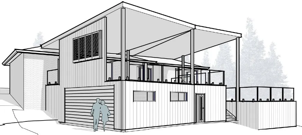 Perspective sketch showing garage and deck