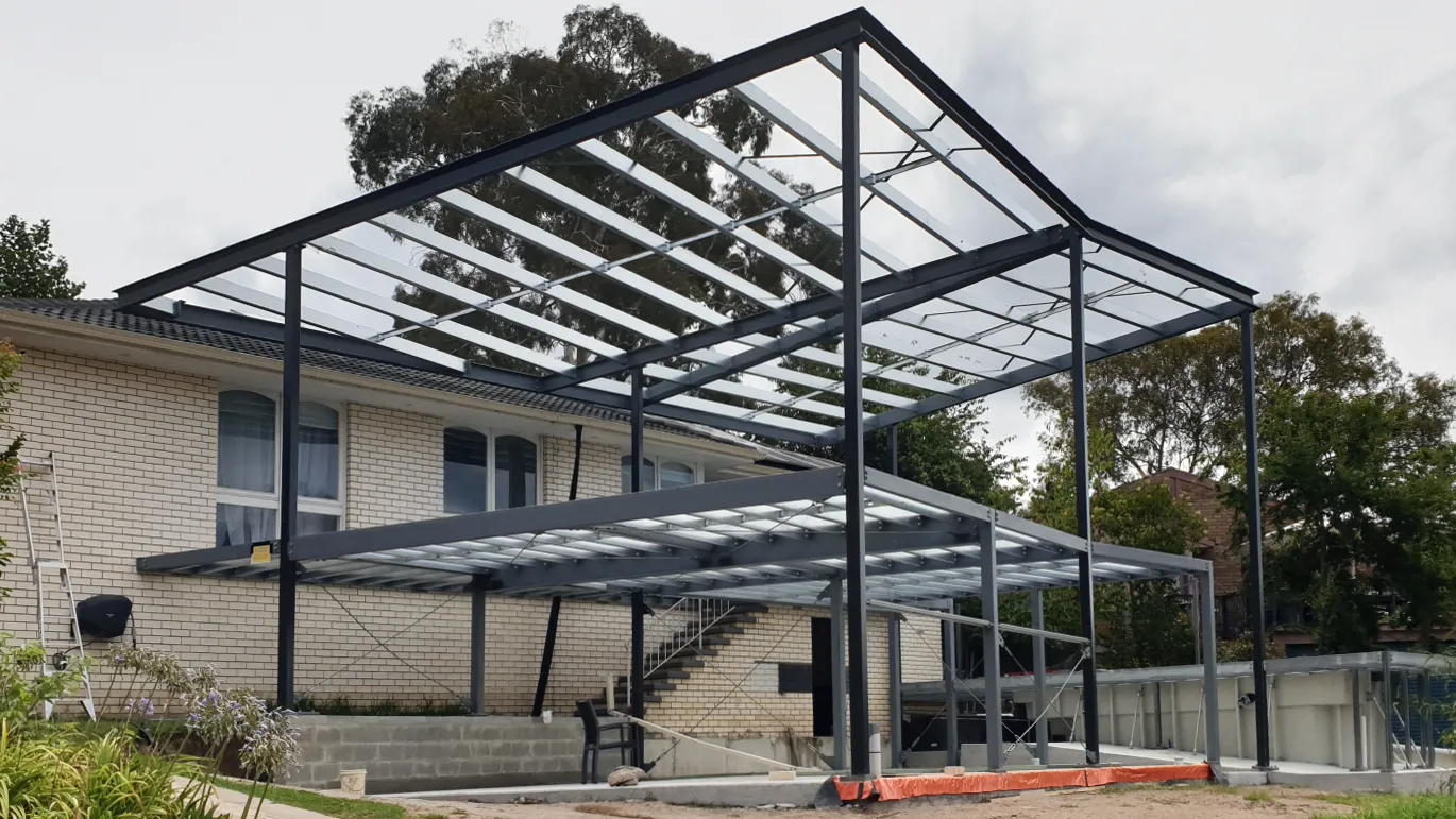 Construction site with newly installed structural steel framing