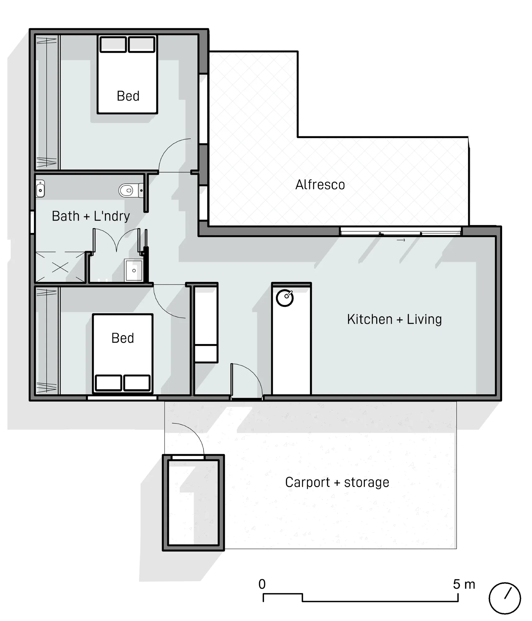 Simplified floor plan drawing showing L-shaped building with 2 bedrooms and open plan living